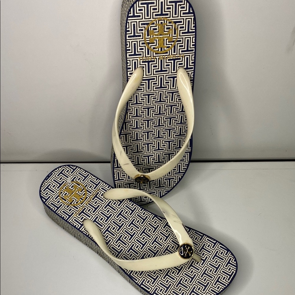 Tory Burch White and Blue Sandals with Geometric Pattern
